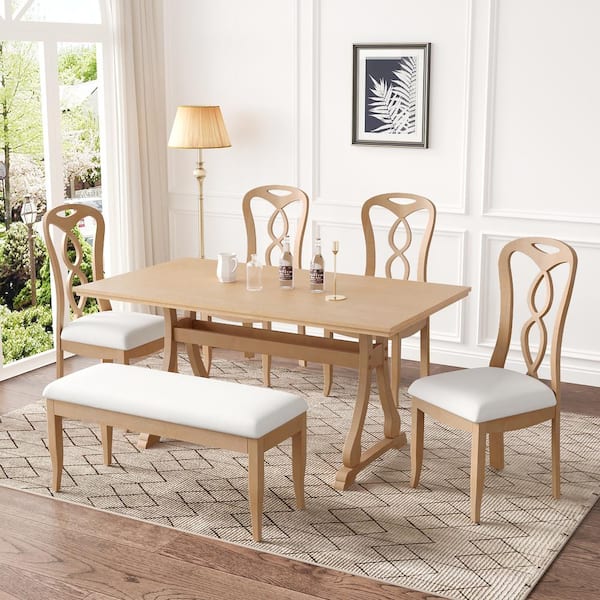 Harper & Bright Designs 6-Piece Natural Acacia Veneer MDF Top Dining Set with 4 Linen Upholstered Chairs and 1 Beige Bench
