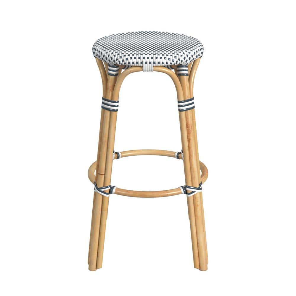 Cottage White and Navy 30" Round Rattan Coastal Bar Stool