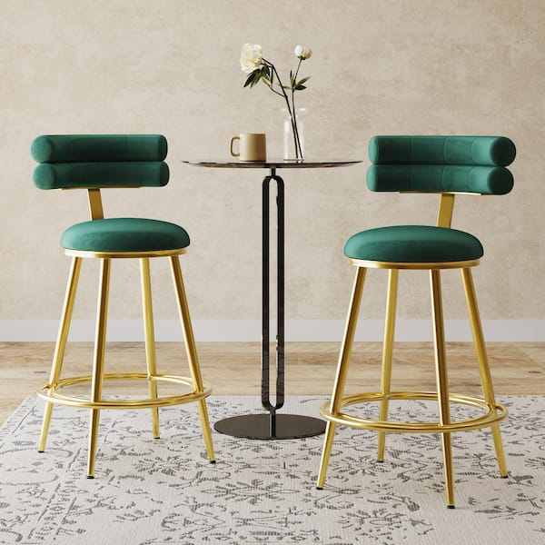 CHRISTOPHER KNIGHT HOME Ethake 27.65 in. Dark Green Velvet Upholstery and Metal Counter Stools, (Set of 2)