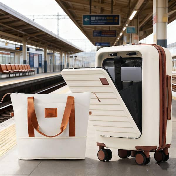 2 Bags 2-Piece Ivory and Brown Expandable ABS Hardshell Luggage Set with Travel Bag, USB Port, Front Opening(20")