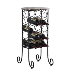 Wine Rack Console Table, Black Freestanding Metal Bottle Organizer & Display Shelf with Faux Marble Finish Top, Holds 15