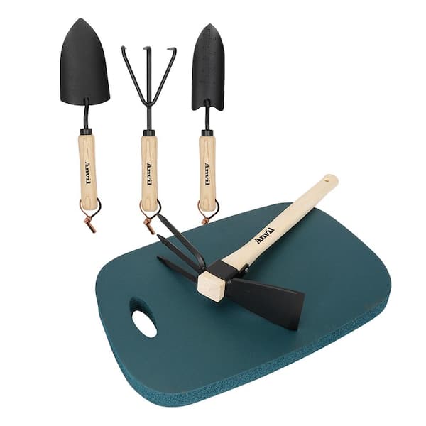 Anvil Complete 5-Piece Garden Tool Set with 3-Piece Wood Handle Tool Kit, Hand Cultivator and Kneeling Cushion