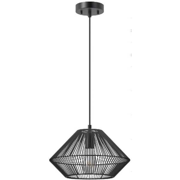 Hampton Bay Savannah 1-light Matte Black Shaded Pendant Light with Black Paper Twine Shade