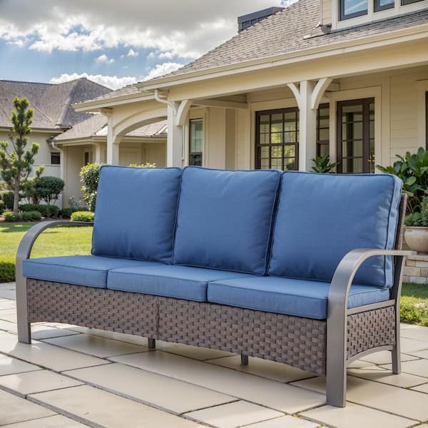 SteelCurve Modern Farmhouse 3-Seat Brown PE Wicker Outdoor Couch with Blue Cushions and Curved Metal Armrest