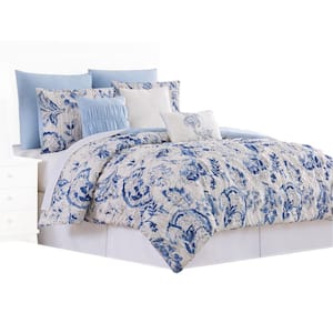 Corfu 8-Piece White and Blue Floral Microfiber King Comforter Set
