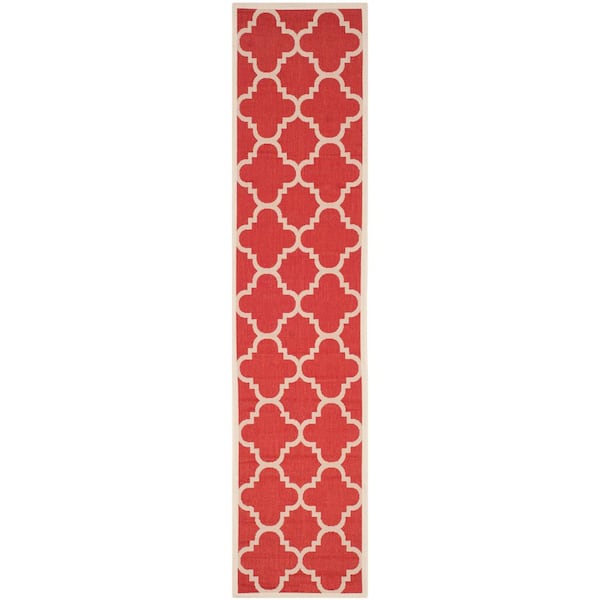Courtyard Red 2 ft. x 12 ft. Border Clover Indoor/Outdoor Runner Rug