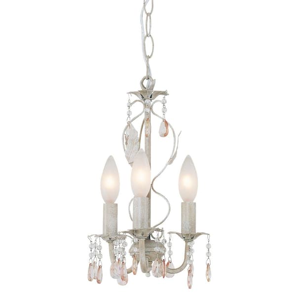 Bel Air Lighting 3-Light Antique White Traditional Hanging Chandelier with Clear and Pink Tinted Crystal Gems