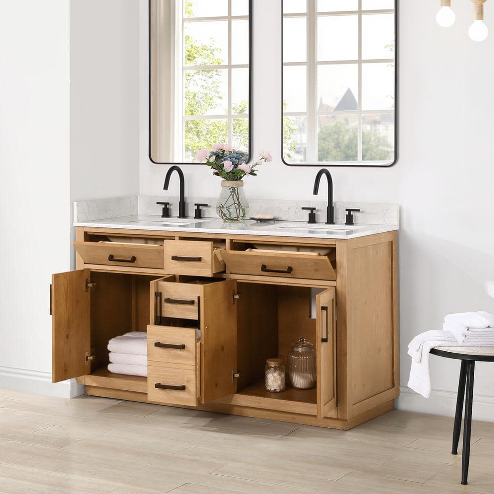 Gavino 60" Light Brown Wood Double Vanity with Composite Stone Top