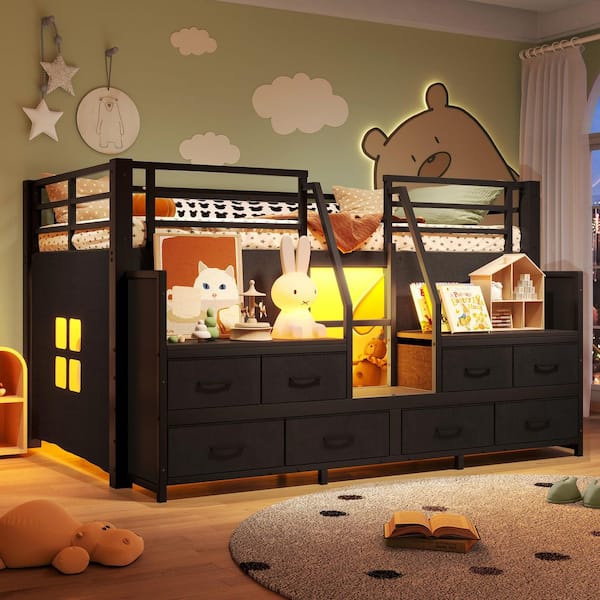 Black Twin Loft Bed with Multi-Storage Spaces, Lights and Independent Spaces under Bed