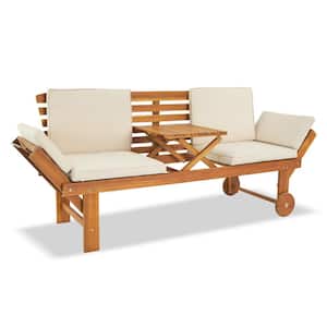 Acacia Wood Outdoor Bench with Beige Cushion, Patio Convertible Sofa Daybed with Adjustable Armrest and Table