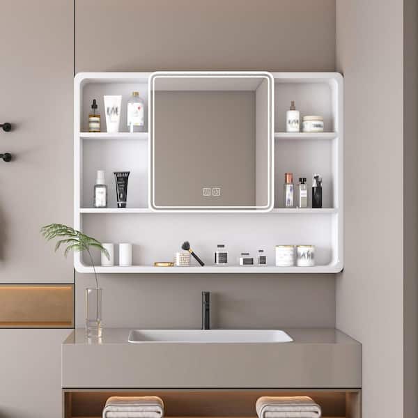 MEG 35 in. W x 28 in. H Rectangular White Aluminum Surface Mount Medicine Cabinet with Mirror and LED﻿