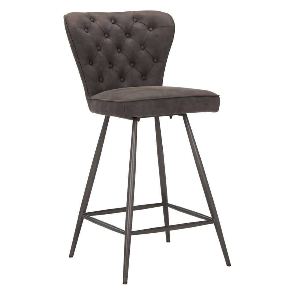 Transitional Grey Leather Swivel Counter Stool, 26"H