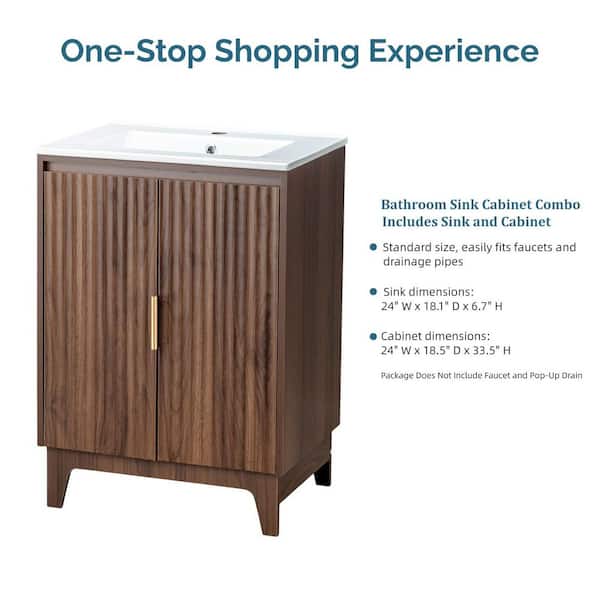 23.6 in. Walnut Bath Vanity with White Ceramic Top Unassembled