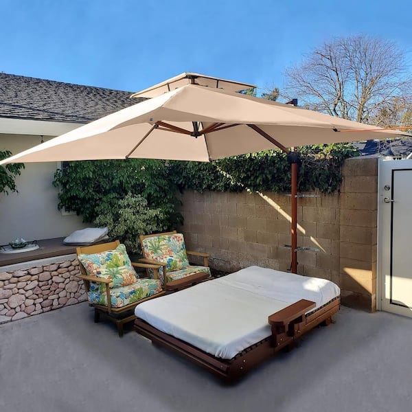 10 ft. Square High-Quality Wood Pattern Aluminum Cantilever Polyester Patio Umbrella with Stand, Beige