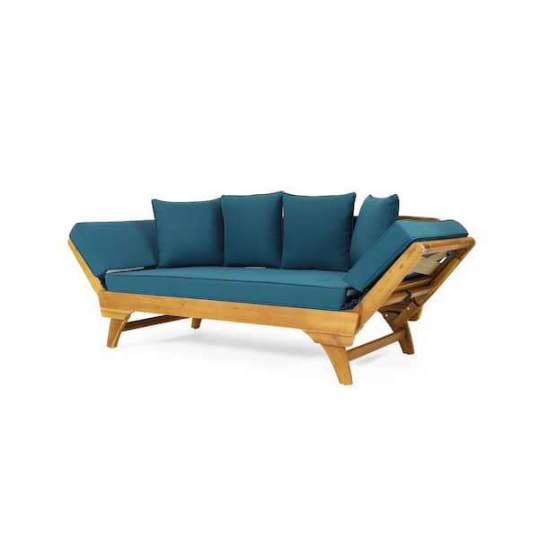 Acacia Wood Outdoor Expandable Day Bed with Lake Blue Cushions, Patio Convertible Sofa