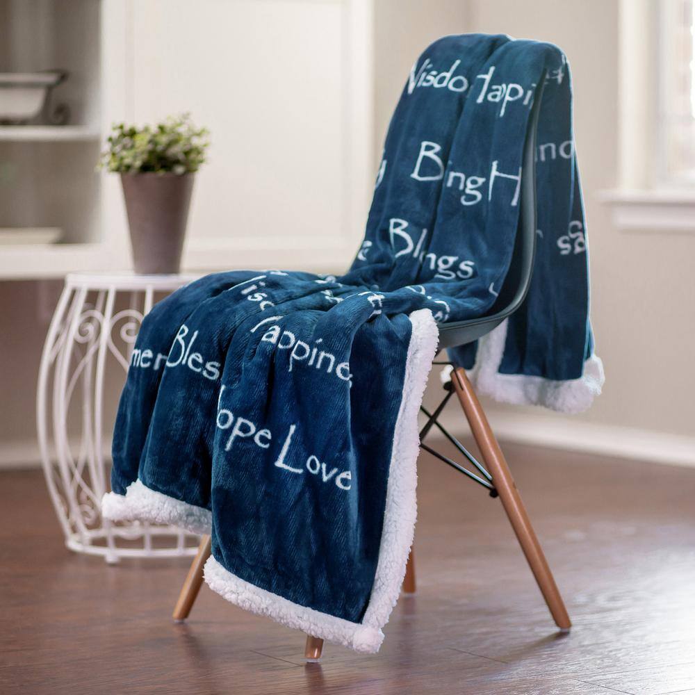 Blue Reversible Sherpa and Faux Fur Throw Blanket
