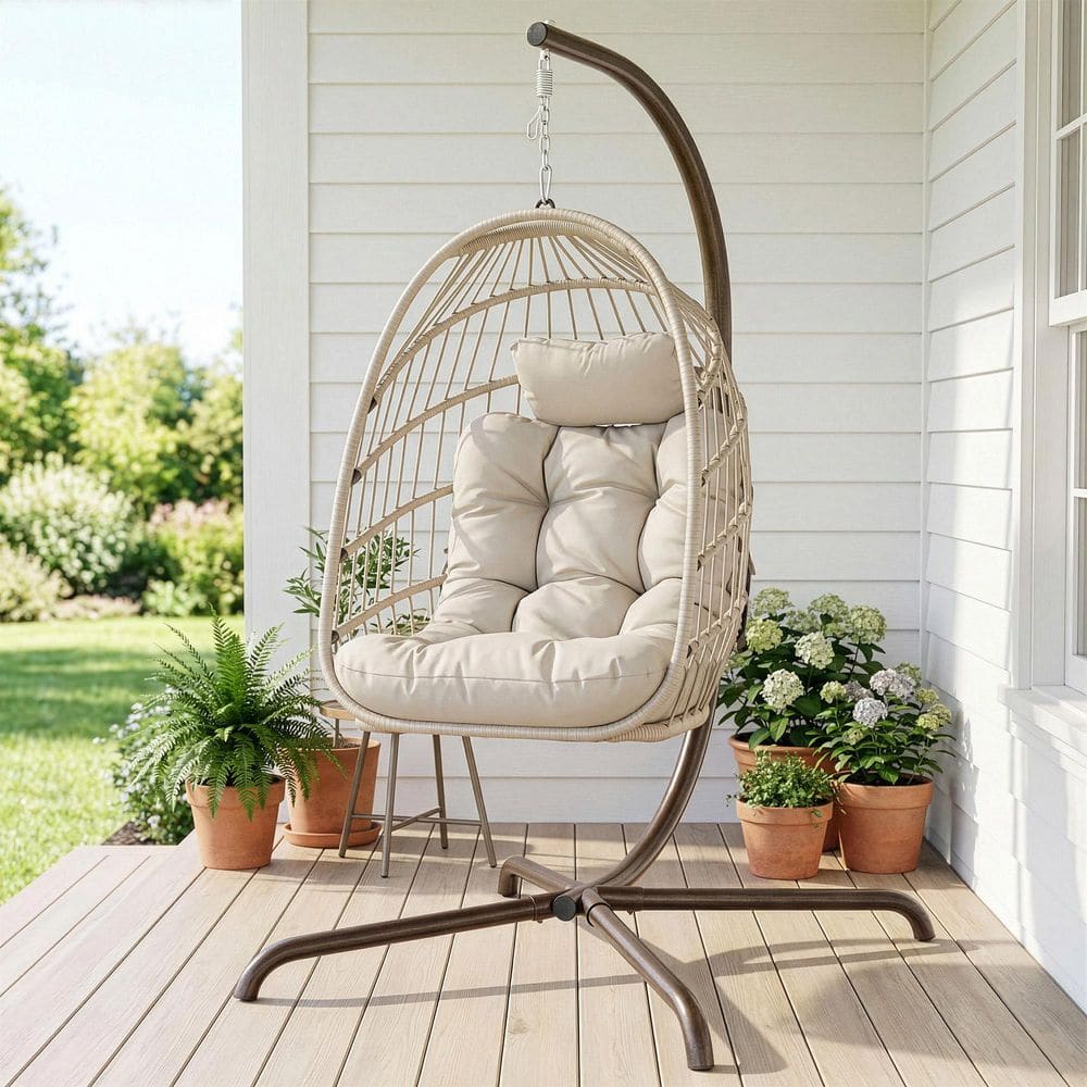 Outdoor Foldable Beige Wicker Egg Porch Swing Chair with Steel Stand and Beige Cushion for Patio