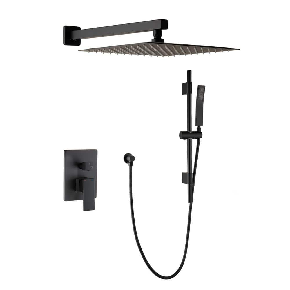 WELLFOR DT 12-in Rain Shower Head Wall Mount Matte Black Dual Head Waterfall Built-in Shower Faucet System with 2-Way Diverter Valve Included