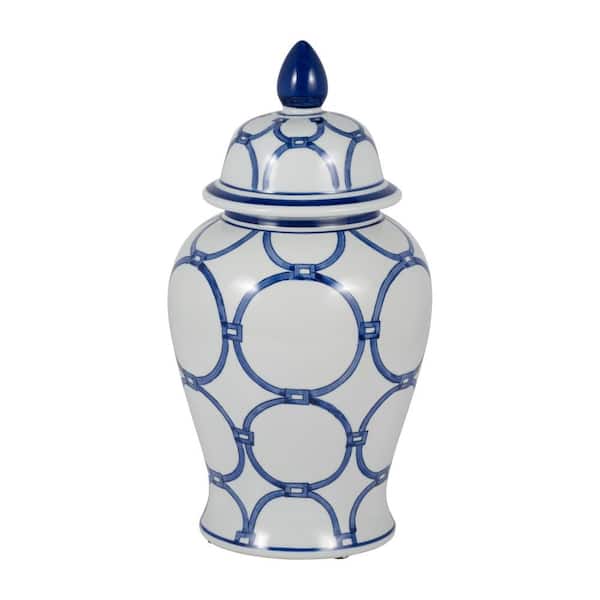 18 in. Blue/White Ceramic Links Temple Jar