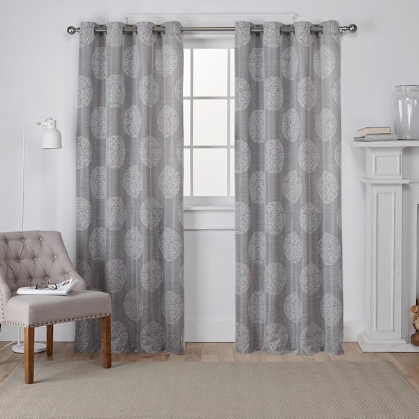 EXCLUSIVE HOME Akola Ash Gray Medallion Polyester 54 in. W x 108 in. L Grommet Top, Room Darkening Curtain Panel (Set of 2)