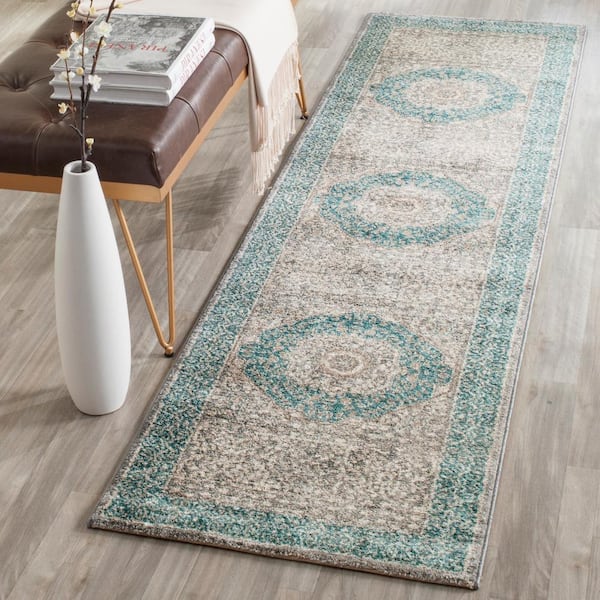 Sofia Light Gray/Blue 2 ft. x 10 ft. Border Runner Rug