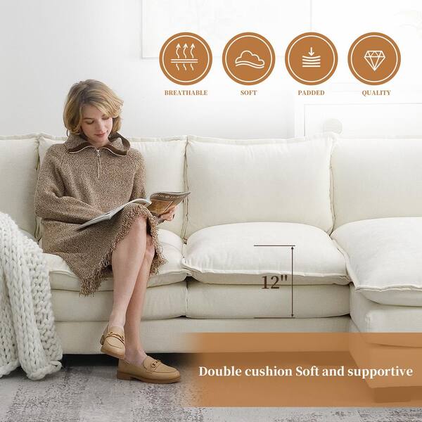 118 in. Modern Straight Arm Chenille Rectangle Sofa in Beige with Double Seat Cushions