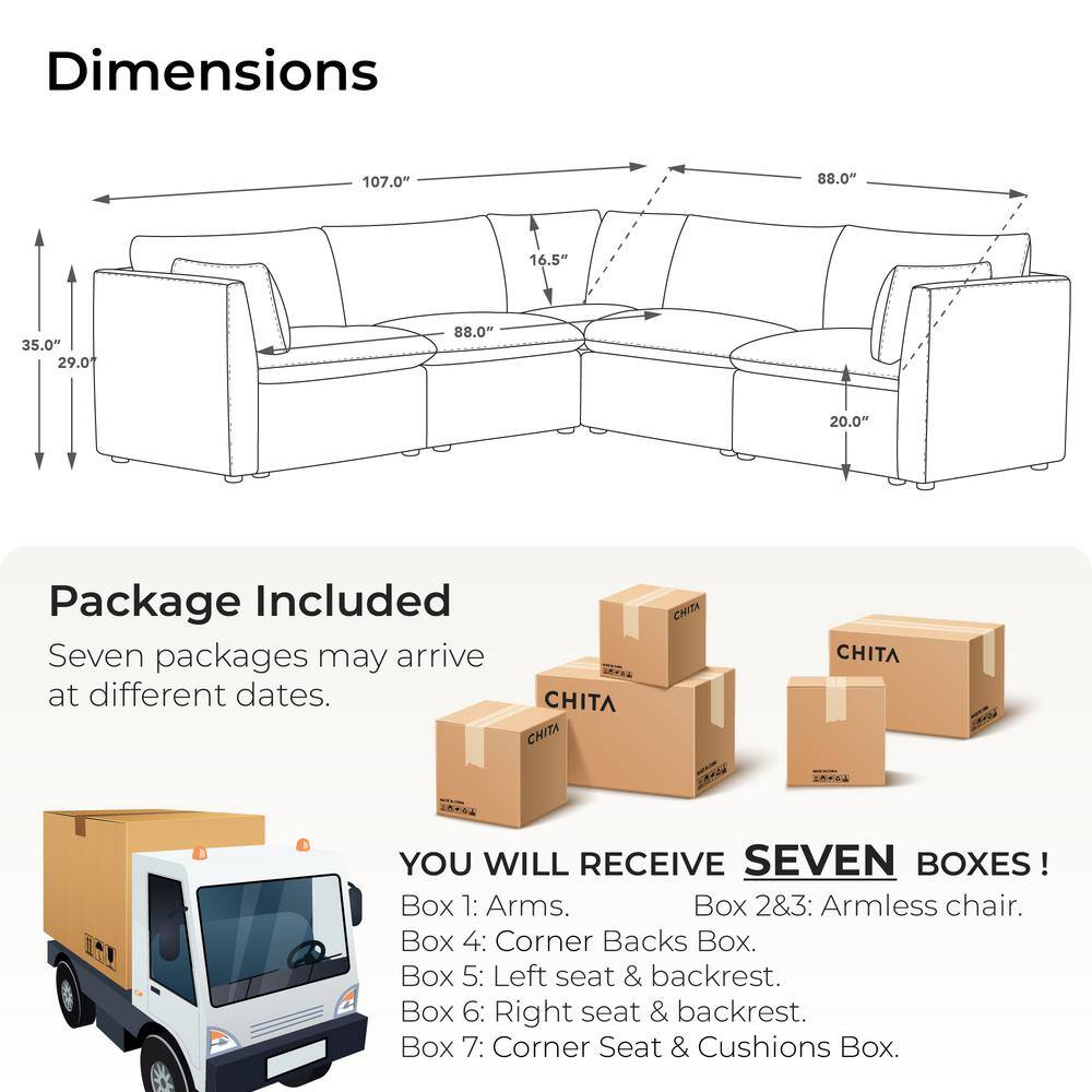Beige Modular Fabric 5-Piece Sectional Sofa with Wood Frame