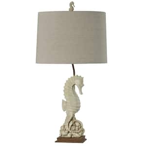 31 in. Beige with Ivory Table Lamp with Oatmeal Fabric Shade