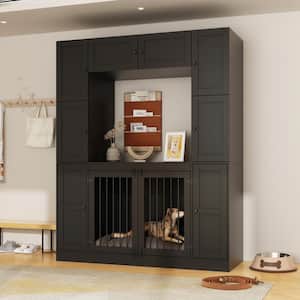 Large Wooden Heavy Duty Dog Crate, Indoor Modern Dog House Dog Cage with 7-Large storage cabinet, Black