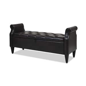 Jacqueline 57.5 x 20 x 25 in. Vintage Black Brown Leather Tufted Roll Arm Storage Bench
