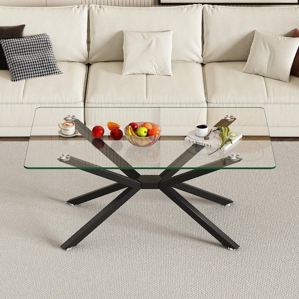 Modern Living Room Center 39 in. Black /Clear Rectangle Tempered Glass Coffee Table with Black Metal Legs