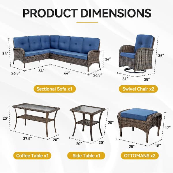 8-Piece Brown Wicker Outdoor Sectional Set with Olefin Blue Cushions and L-Shaped Sofa/Swivel Glider Chairs