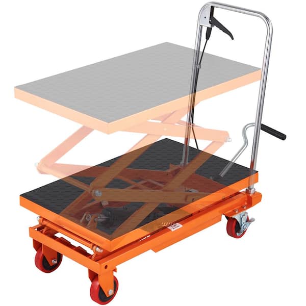 VEVOR Hydraulic Lift Table Cart 330 lbs. Capacity 50 in. Lifting Height Manual Double Scissor Lift Table with 4 Wheels, Orange