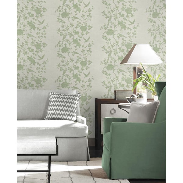 60.75 sq. ft. Coastal Haven Green Ivy Aloha Bird Trail Embossed Vinyl Unpasted Wallpaper Roll