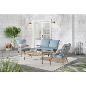 Southampton 4-Piece Wicker Patio Deep Seating Set with CushionGuard Surf Blue Cushions