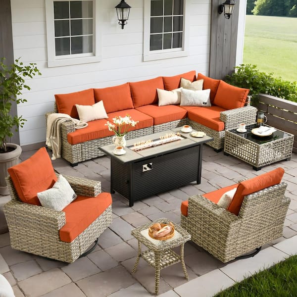 Torino Gray 10-Piece Wicker Outdoor Patio Conversation Sofa Sectional Set with a Metal Fire Pit and Orange Red Cushions