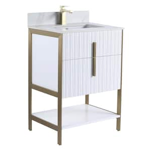 24 in. W x 18 in. D x 33.5 in. H Bath Vanity in White with White Carrara Sintered Stone Top with Satin Brass Hardware