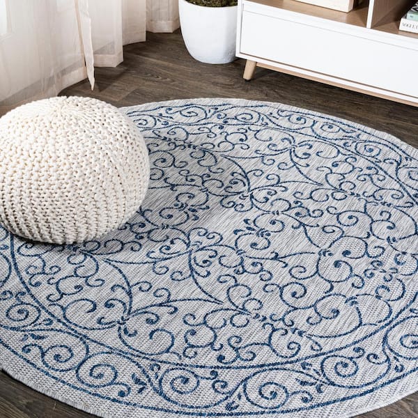 JONATHAN Y Charleston Vintage Filigree Gray/Navy 5 ft. Textured Weave Indoor/Outdoor Round Area Rug