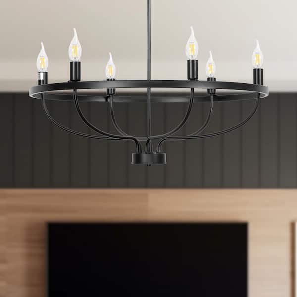Briignite 6-Light Industrial Farmhouse Wagon Wheel Black Candle Chandelier for Living Room Kitchen Island Dining Room Foyer