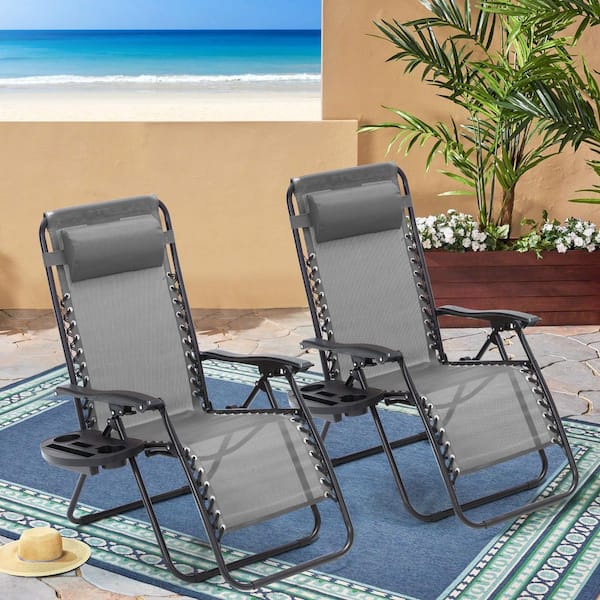 HOMMOW Zero Gravity Outdoor Lounge Chair (Set of 2), Outdoor Recliner Folding Patio Chair with Cup Holder and Headrest, Gray