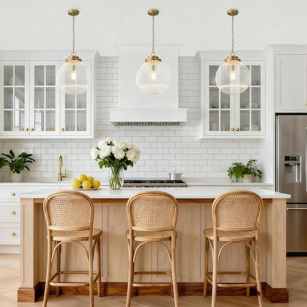 1-Light Modern Industrial Brushed Gold Globe Island Pendant Light with Clear Ribbed Glass Shade