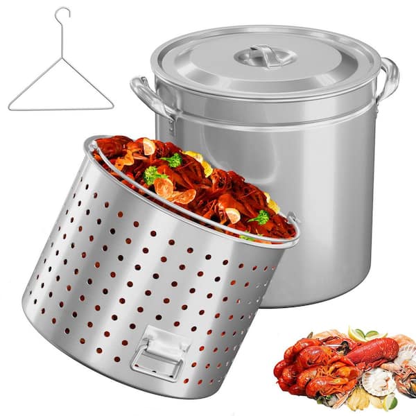 82 qt. 3-Piece Stainless Steel Stock Pots with Strainer Basket, Lid, Hook and Steamer