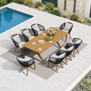 Teak-Finish 9-Piece Wicker Square Aluminum Frame Outdoor Dining Set and Pillows with Beige Cushions