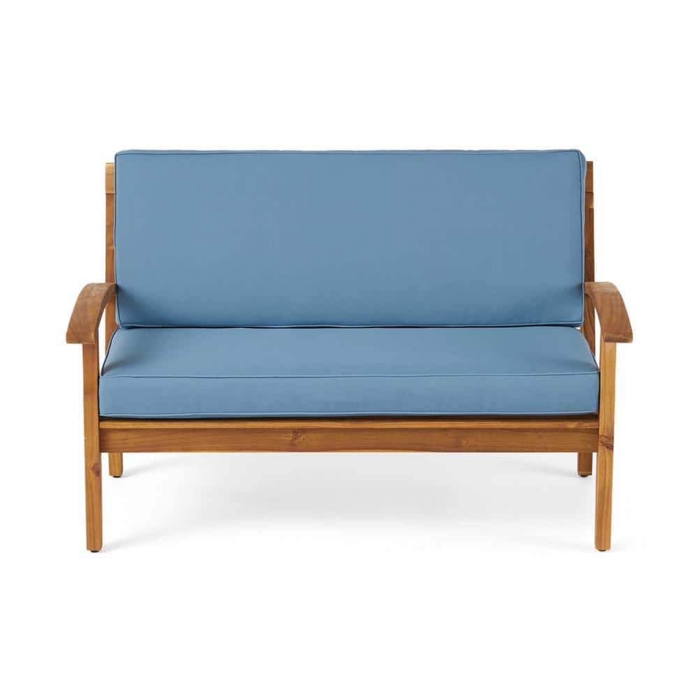 Acacia Wood Loveseat and Coffee Table Set with Blue Cushions