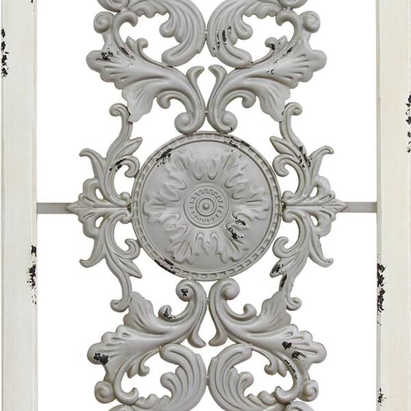 HomeRoots Distressed Scroll Panel Metal White Wood Framed Wall Art 