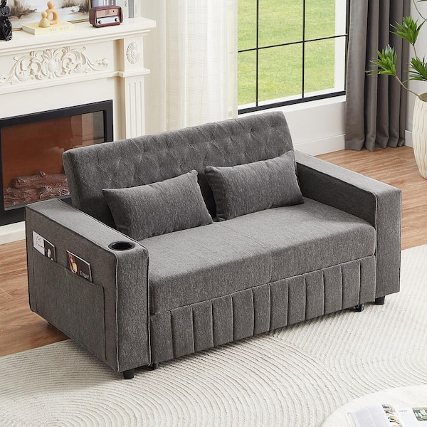Nestfair 32.48 in. Grey Chenille 2-Seater Pull-Out Full Size Sofa Bed Convertible Couch with Adjustable Backrest