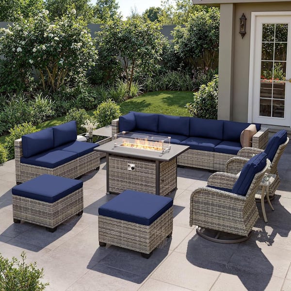13-Piece Wicker Patio Conversation Set with 55,000 BTU Fire Pit Table and Glass Top Table with Navy Blue Cushions