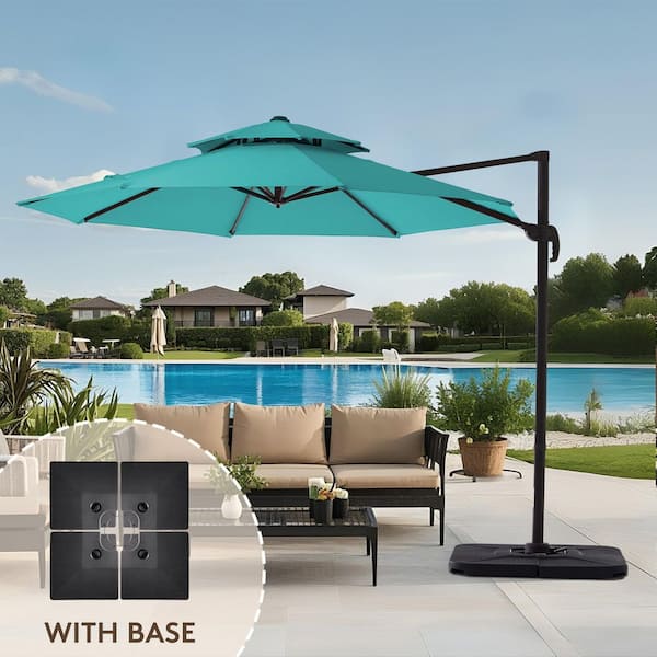 12 ft. Aluminum 360-Degree Rotation Cantilever Patio Umbrella with Cover in Peacock Blue
