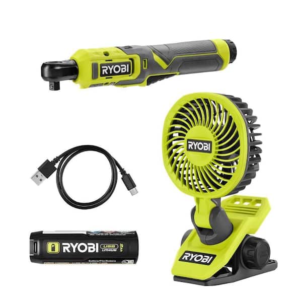 USB Lithium 3/8 in. Ratchet Kit, 2.0 Ah Battery, USB Charging Cable with USB Lithium Cordless Clamp Fan