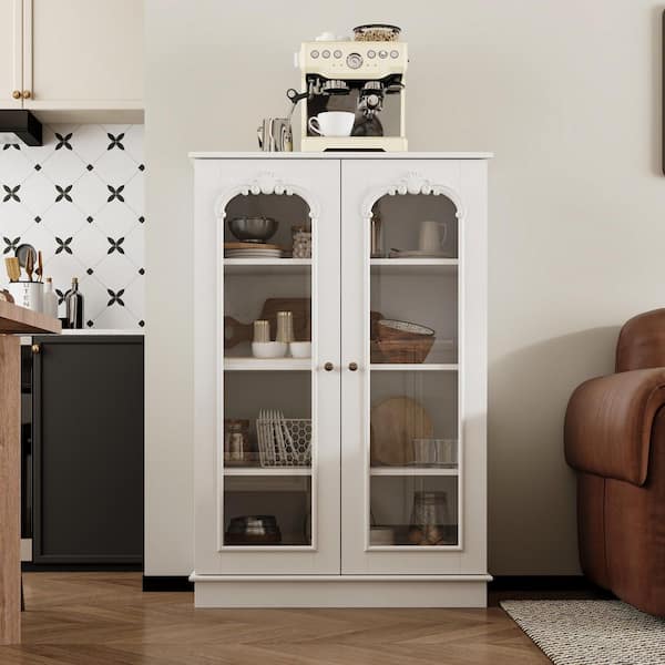 White 47.2 in. H Accent Storage Cabinet, Sideboard with 4-Shelves and 2-Glass Doors